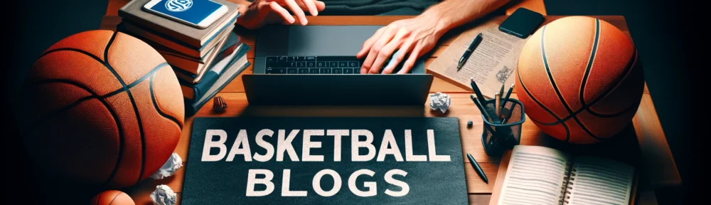 A dedicated individual researching basketball blogs for guest posting opportunities, surrounded by basketball items, highlighting a strategic approach to sharing basketball insights online.